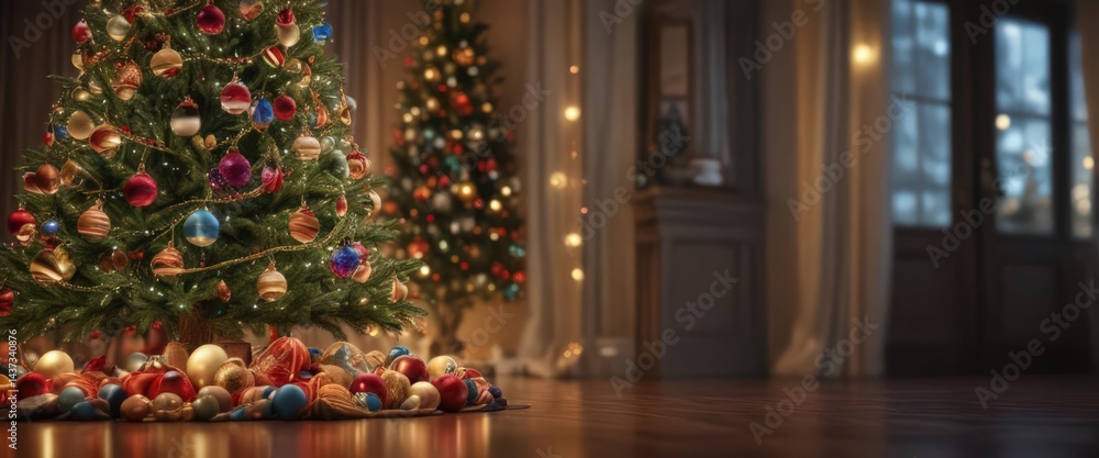 A shimmering Christmas tree, encircled by soft, glowing lights, colorful ornaments , green, lights A shimmering Christmas tree, encircled by soft, glowing lights, colorful ornaments , green, lights