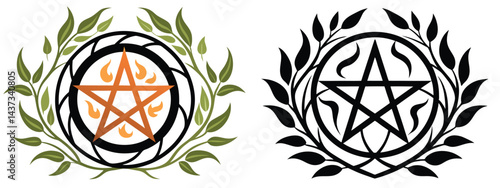 Classic pentagram enclosed in a circle, surrounded by leaves, vines, or flames