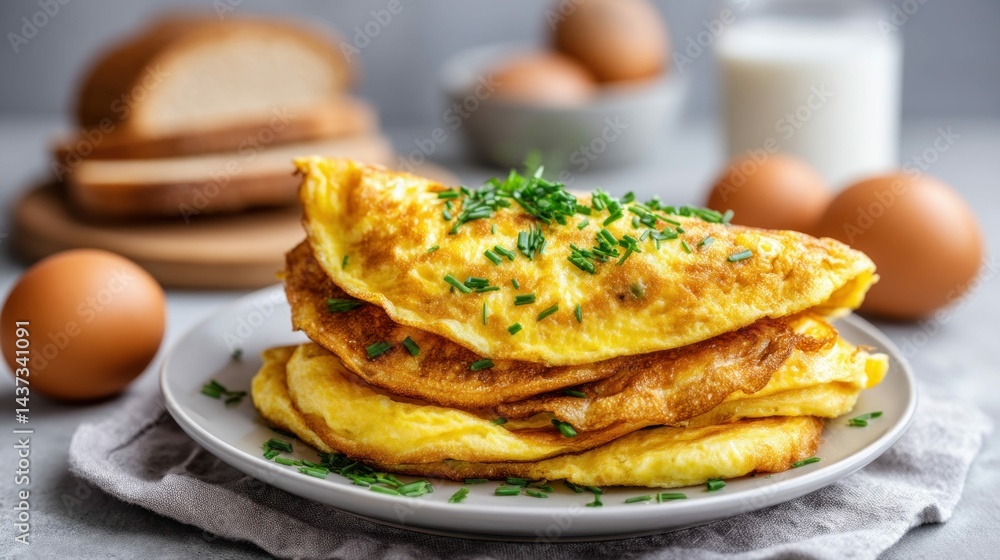 A stack of delicious omelets with fresh chives is ready for a fulfilling breakfast. A stack of delicious omelets with fresh chives is ready for a fulfilling breakfast.