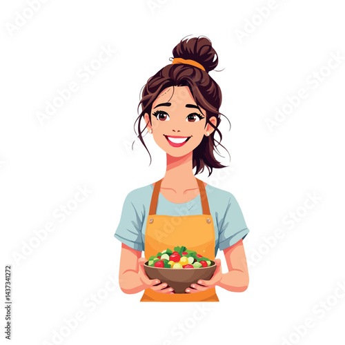 Vsai smiling woman chef holding bowl of fresh salad