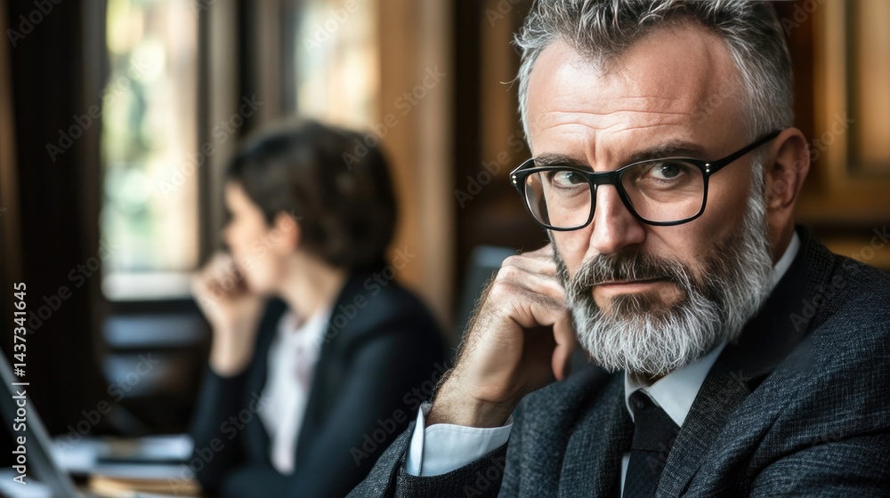 Thoughtful businessman in an office with a colleague in background Thoughtful businessman in an office with a colleague in background