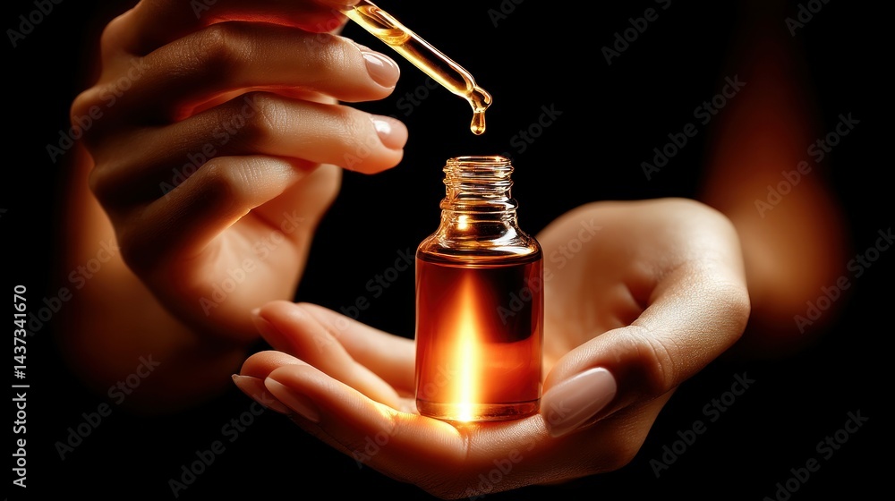 A close-up showcases a hand holding a bottle as a golden drop falls into the container. A close-up showcases a hand holding a bottle as a golden drop falls into the container.