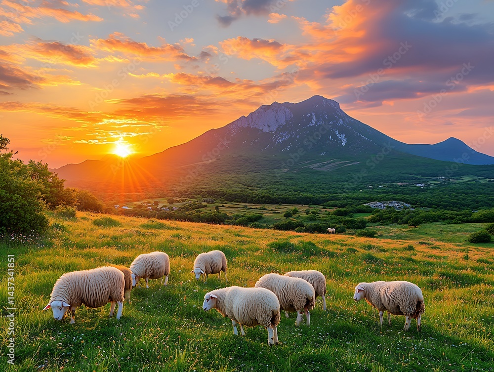 Obraz premium Sheep grazing in a meadow under a sunset, rural scene for travel or agriculture background