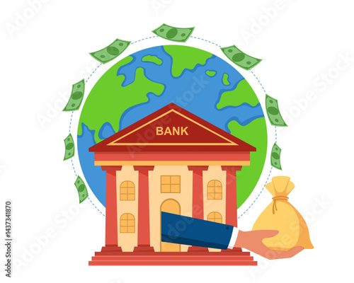 bank gives loan for small business, people take money from bank to grow business online vector illustration
