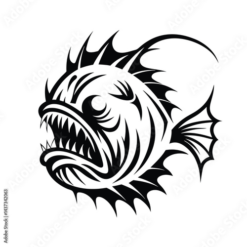 Tribal Anglerfish Silhouette, Black and White Predator, Deep Sea Fish with Sharp Teeth