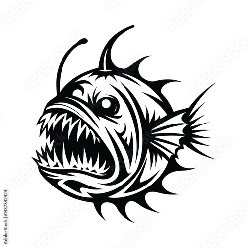 Black and White Anglerfish with Sharp Teeth & Bioluminescent Lure