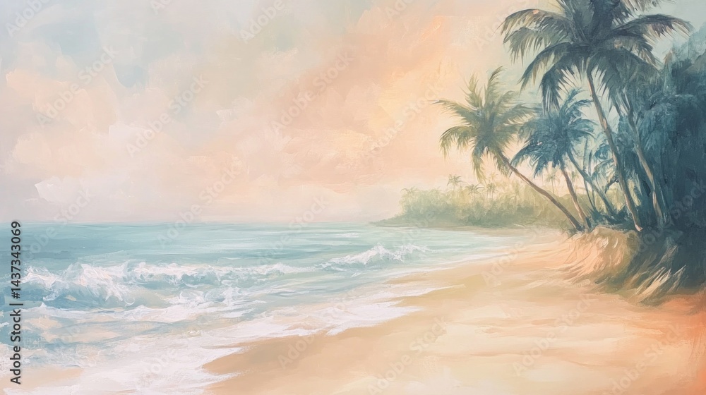 Fototapeta premium Tropical beach sunset scene. Soft pastel colors depict a serene beach with palm trees