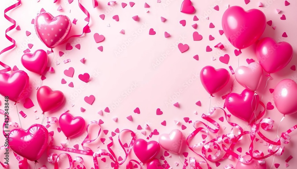 Pastel background flat lay of Valentine's Day/birthday party decorations Hearts, confetti, balloons, ribbons, sparkle, background Pastel background flat lay of Valentine's Day/birthday party decorations Hearts, confetti, balloons, ribbons, sparkle, background