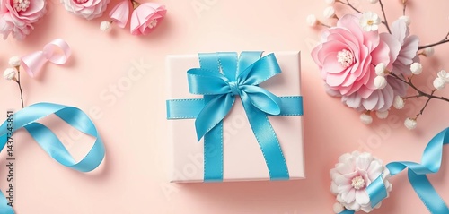 Pastel background, gift box, blue ribbon, fluffy decorations, elegant wrapping, springtime, backdrop