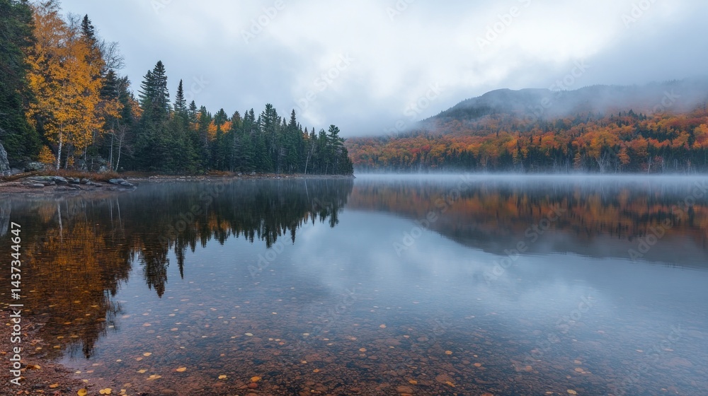 Fototapeta premium Misty autumn lake reflecting fall foliage