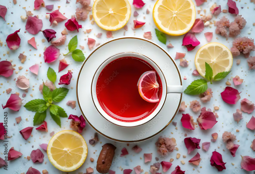 Vibrant Overhead View of Red Herbal Tea with Lemon Slice in a White Cup and Saucer Surrounded by Petals and Mint Leaves Vibrant Overhead View of Red Herbal Tea with Lemon Slice in a White Cup and Saucer Surrounded by Petals and Mint Leaves