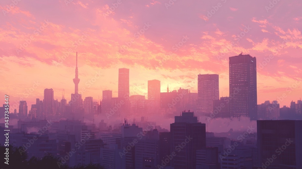City skyline at sunrise, soft focus, misty City skyline at sunrise, soft focus, misty