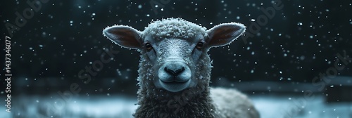 Sheep stands during snowfall in a blurred forest background. For winter themes