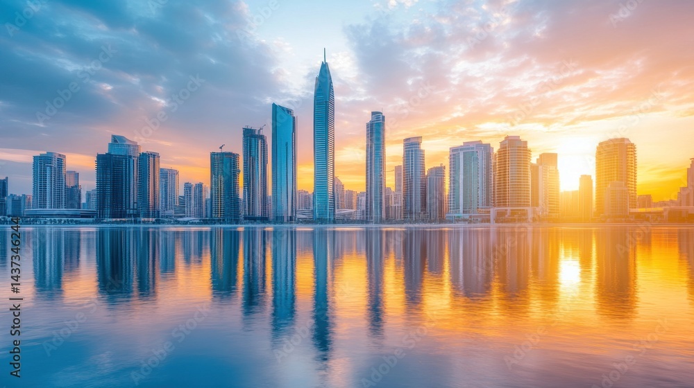 Fototapeta premium City skyline at sunset, reflecting on tranquil water