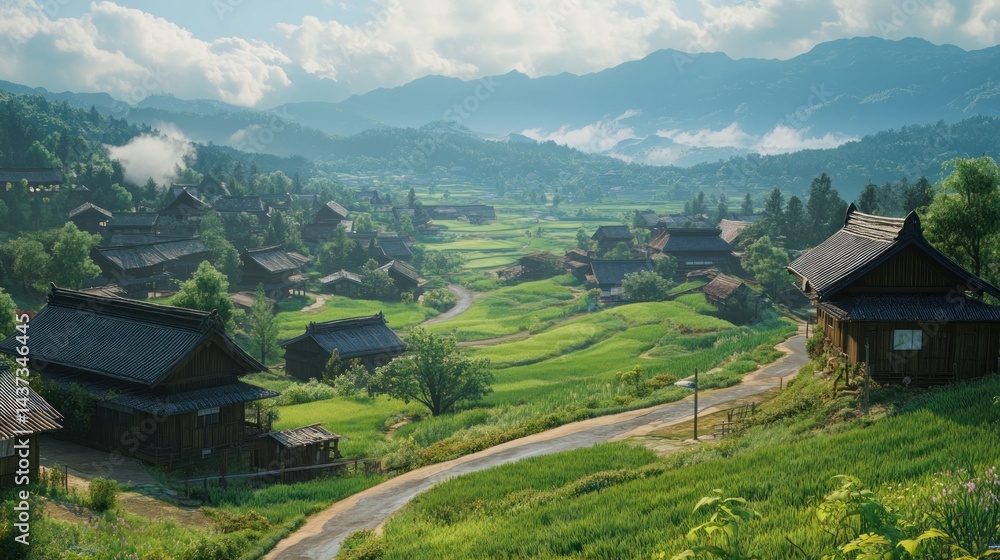 custom made wallpaper toronto digitalSerene Asian village nestled in a valley, surrounded by lush greenery and rolling hills.  Tranquil scene with traditional wooden houses, rice paddies, and a winding road
