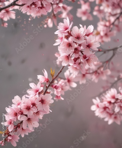 Delicate pink sakura petals softly falling against a blurred background  ,  japanese spring,  background