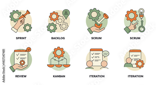 Agile development methodology icons representing sprint backlog scrum review Kanban iteration concepts
