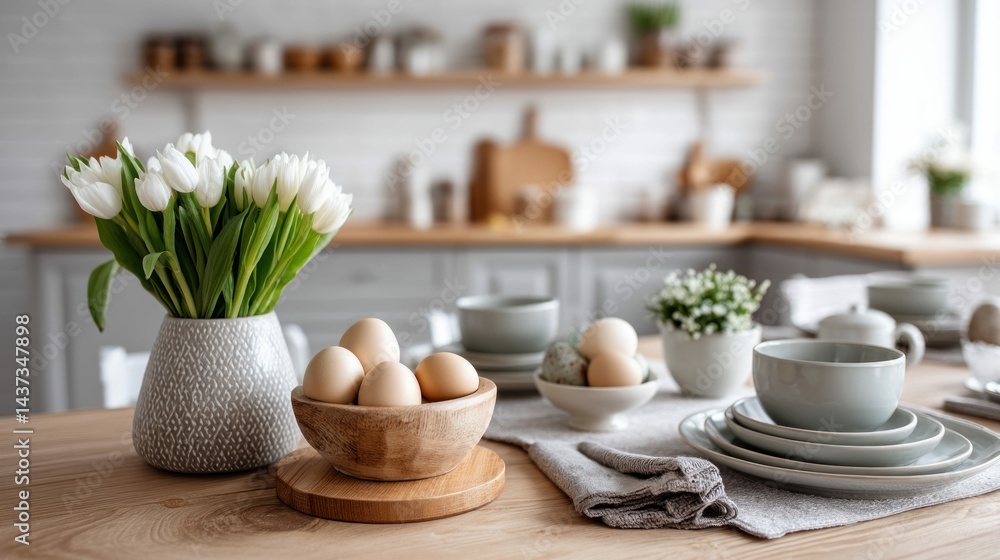 Fototapeta premium A charming kitchen scene with white tulips, eggs, and elegant tableware set on a wooden table.