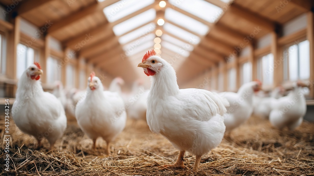 Fototapeta premium Numerous white chickens in a henhouse with natural light and a wooden interior design, peacefully.