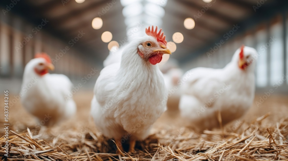 Fototapeta premium A close-up of white chickens in a barn, with a blurred background and warm lighting.