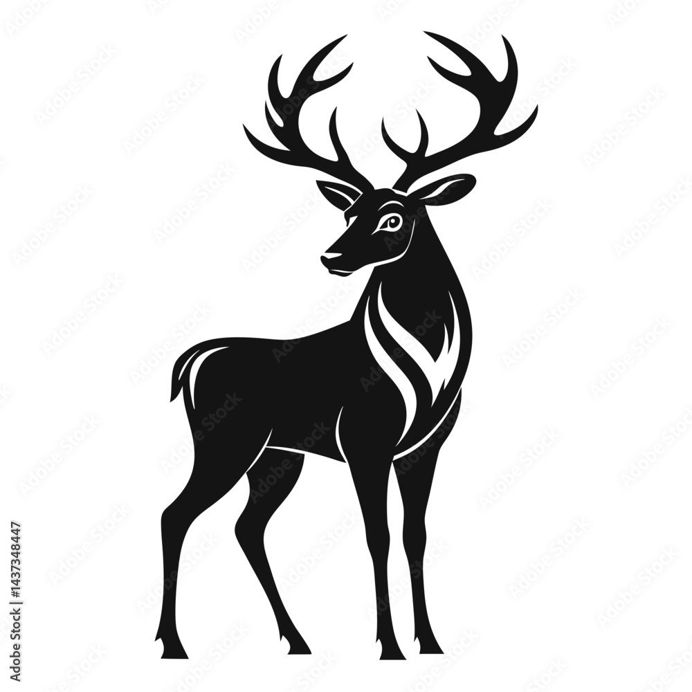 Fototapeta premium Silhouette Deer, Black and White Reindeer, Antlers Animal Illustration, Isolated Stag
