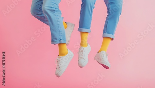Colorful Fashion Concept with Yellow Socks and White Sneakers on Pink Background