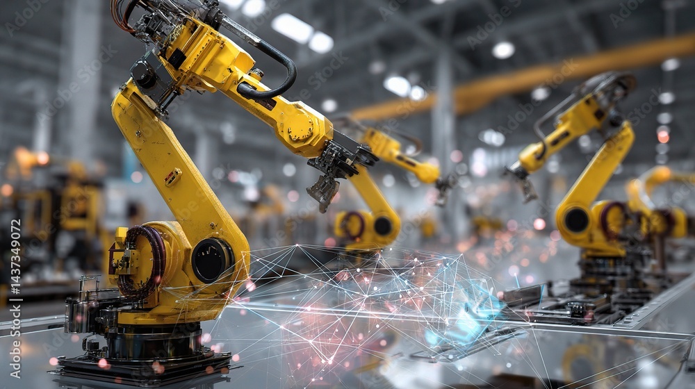 Industrial Robotic Arms Working in a Factory with AI Technology Industrial Robotic Arms Working in a Factory with AI Technology