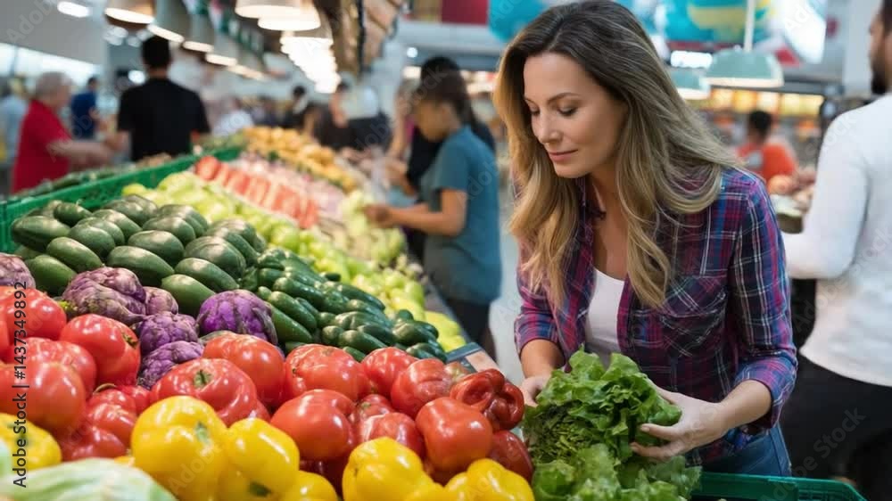 Fresh Harvest at the Market: A vibrant snapshot of a customer carefully selecting fresh produce, immersed in a bustling farmers market atmosphere, filled with vivid colors and wholesome food. Fresh Harvest at the Market: A vibrant snapshot of a customer carefully selecting fresh produce, immersed in a bustling farmers market atmosphere, filled with vivid colors and wholesome food.