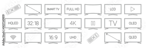 TV black line icon set. Different types of tv displays with signs. HD, TV, Play, remote icons. Pictogram for web page, mobile app, promo. Editable stroke. 