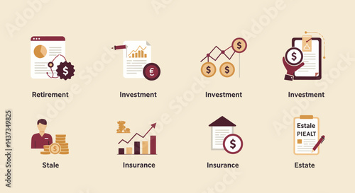 Financial planning icons representing investment, retirement, insurance, and estate for wealth management and long-term security