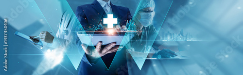 Medical business and healthcare insurance concept. Businessman analyzing growth graph data on medical  business report, develop collaboration and partnership in healthcare and insurance industry.
