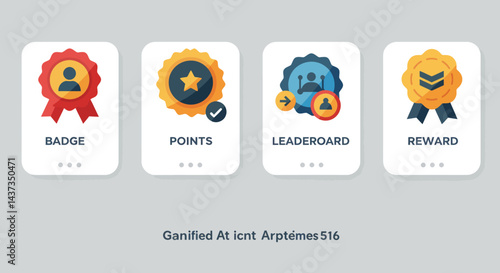 Gamification icons for user engagement showing badge points leaderboard reward design elements for business and education websites and mobile apps
