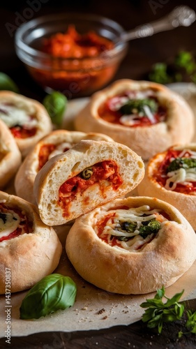 Round pizza pockets filled with tomato, spinach, cheese and basil garnish