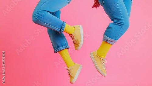 Colorful Fashion Concept with Yellow Socks and White Sneakers on Pink Background