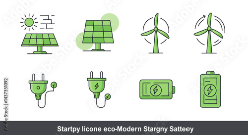 Green energy icons set featuring solar panels wind turbines power plug and battery for sustainable future