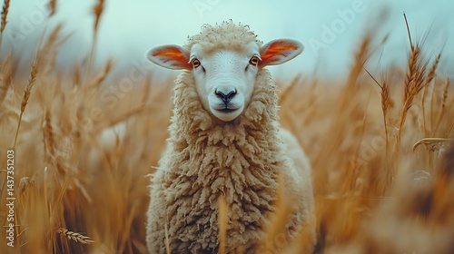 Sheep in wheat field, looking at camera. Pastoral scene for agriculture, farming, or nature themes photo