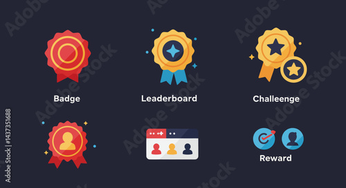 Illustration set of badge, leaderboard, challenge, reward icons for gamification elements in educational or business apps promoting motivation and achievements