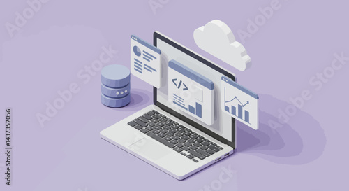Isometric laptop with coding, database, cloud and chart icons for web development and data analysis on purple background
