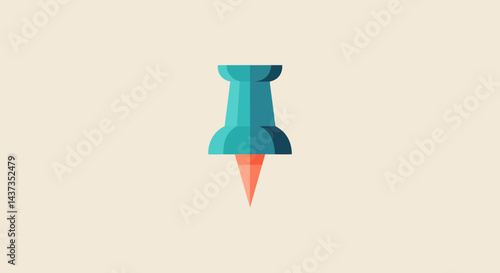 Minimalist illustration of a teal push pin with a red needle on a beige background for presentations and digital designs