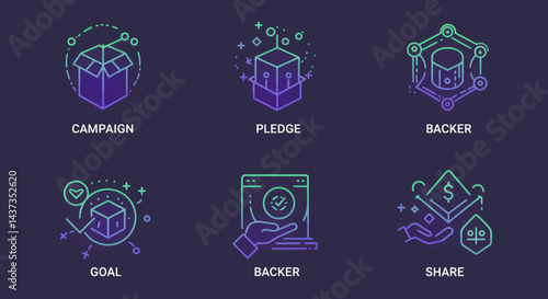Modern crowdfunding concept icons illustrating campaign pledge backer goal share success