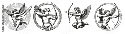 Vintage Illustrations of Cherubs with Bows and Arrows for Love Themes, Logo Design, Hand drawing Engraving, Vector Illustration Isolated Object