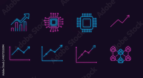 Neon technology icons set featuring data analysis, microchips, and social network connections for modern business applications