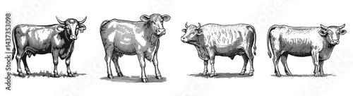 Vintage Illustration of Four Distinct Cow Breeds in Black and White, Logo Design, Hand drawing Engraving, Vector Illustration Isolated Object