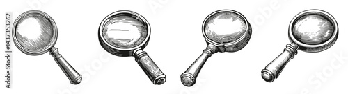 Vintage Magnifying Glass Collection in Sketch Style Artwork, Logo Design, Hand drawing Engraving, Vector Illustration Isolated Object