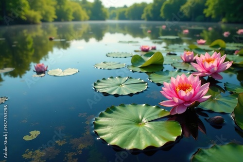 Intricate floral pattern of floating water plants on tranquil lake , outdoor, lake