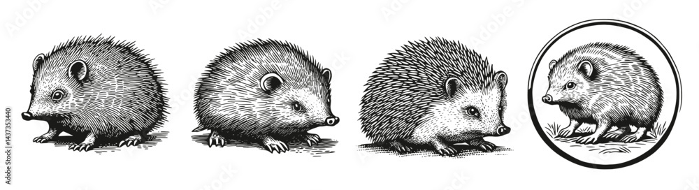 Detailed Illustration of Hedgehogs in Various Poses and Views, Logo Design, Hand drawing Engraving, Vector Illustration Isolated Object Detailed Illustration of Hedgehogs in Various Poses and Views, Logo Design, Hand drawing Engraving, Vector Illustration Isolated Object