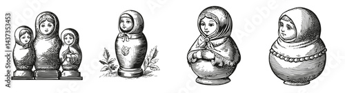 Vintage Matryoshka Dolls Illustration in Black and White Style, Logo Design, Hand drawing Engraving, Vector Illustration Isolated Object