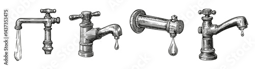 Vintage Faucet Designs Set with Classic Plumbing Features, Logo Design, Hand drawing Engraving, Vector Illustration Isolated Object