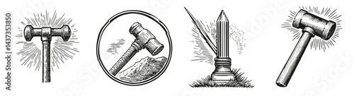 Vintage Legal Symbols with Gavel Elements and Obelisks in Design, Logo Design, Hand drawing Engraving, Vector Illustration Isolated Object