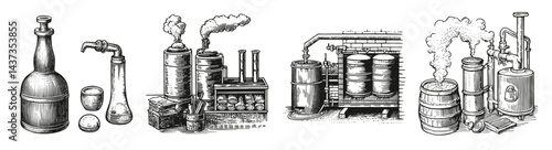 Vintage Illustration of Distillation Equipment and Processes, Logo Design, Hand drawing Engraving, Vector Illustration Isolated Object
